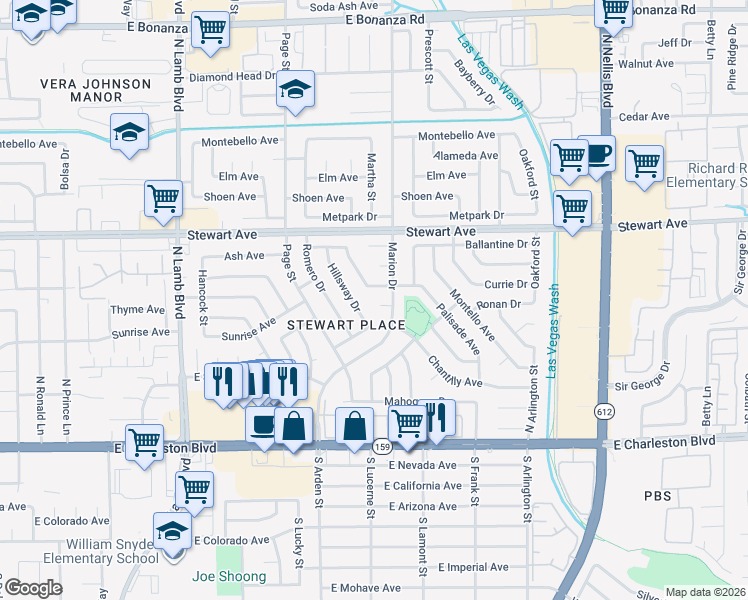 map of restaurants, bars, coffee shops, grocery stores, and more near 113 Hillsway Drive in Las Vegas