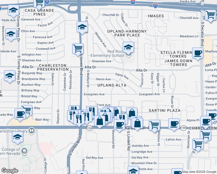 map of restaurants, bars, coffee shops, grocery stores, and more near 717 Upland Boulevard in Las Vegas
