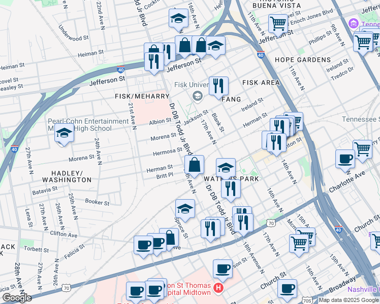 map of restaurants, bars, coffee shops, grocery stores, and more near 819 18th Avenue North in Nashville
