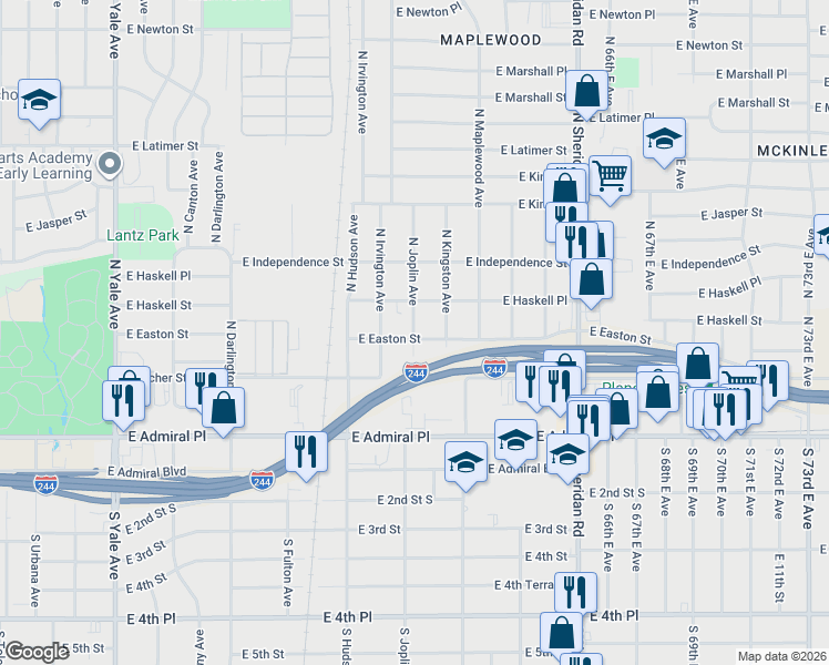 map of restaurants, bars, coffee shops, grocery stores, and more near 5816 East Easton Street in Tulsa