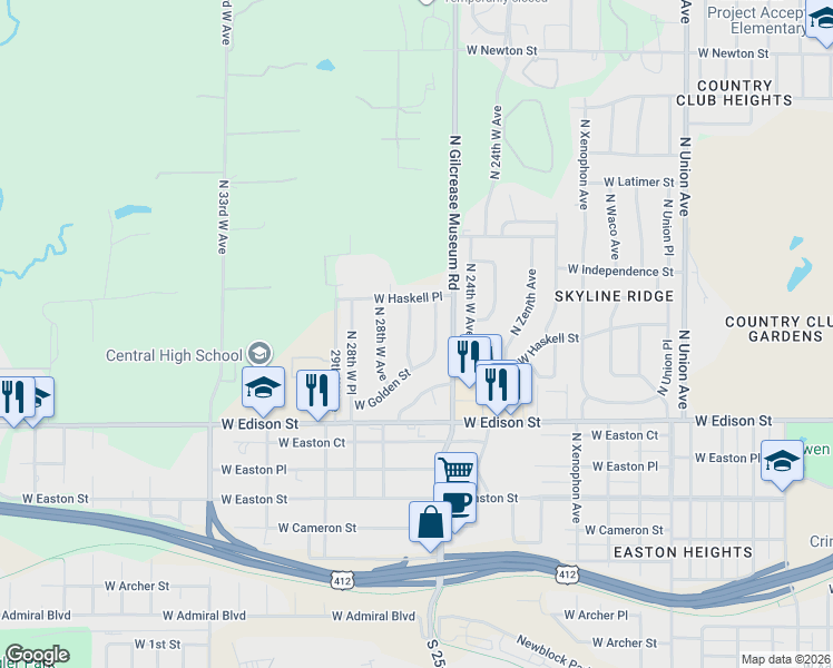 map of restaurants, bars, coffee shops, grocery stores, and more near 618 North 26th West Avenue in Tulsa