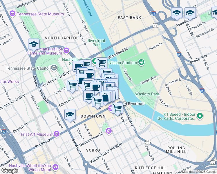 map of restaurants, bars, coffee shops, grocery stores, and more near 166 2nd Avenue North in Nashville