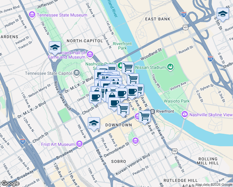 map of restaurants, bars, coffee shops, grocery stores, and more near 200 4th Avenue North in Nashville