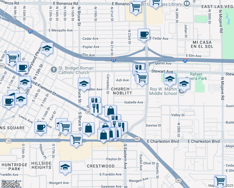 map of restaurants, bars, coffee shops, grocery stores, and more near 2105 Berkley Avenue in Las Vegas