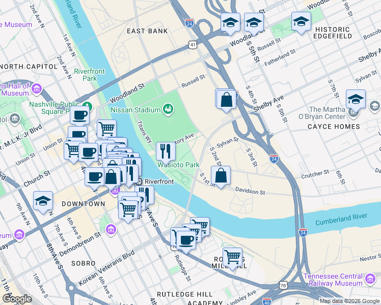 map of restaurants, bars, coffee shops, grocery stores, and more near 497 Music City Bikeway in Nashville