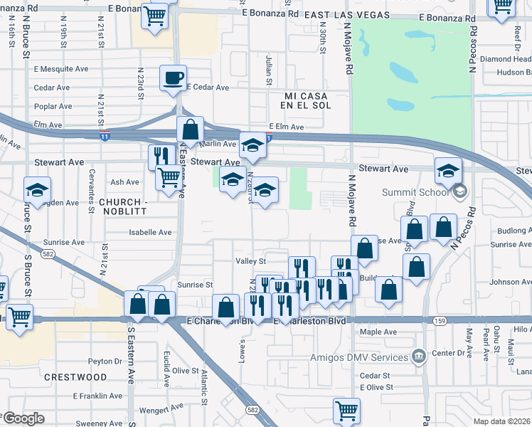 map of restaurants, bars, coffee shops, grocery stores, and more near 200 North 28th Street in Las Vegas