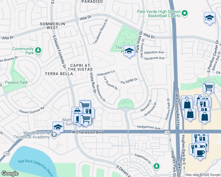map of restaurants, bars, coffee shops, grocery stores, and more near 11513 West Via Princessa Court in Las Vegas