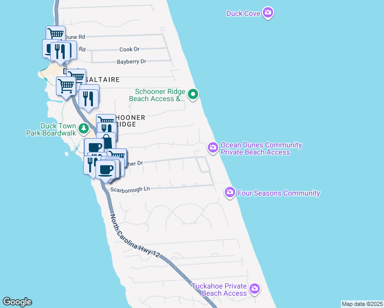 map of restaurants, bars, coffee shops, grocery stores, and more near 183 Teresa Court in Kitty Hawk