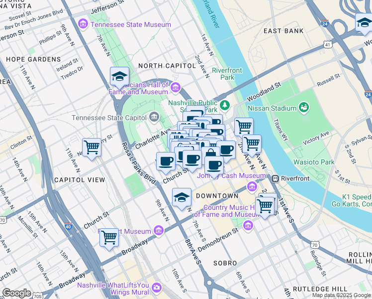 map of restaurants, bars, coffee shops, grocery stores, and more near 501 Church Street in Nashville