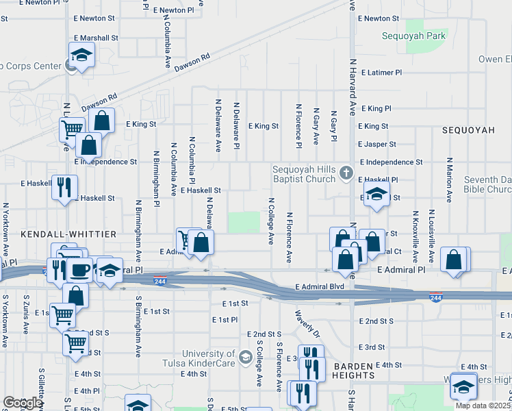 map of restaurants, bars, coffee shops, grocery stores, and more near 128 North College Avenue in Tulsa