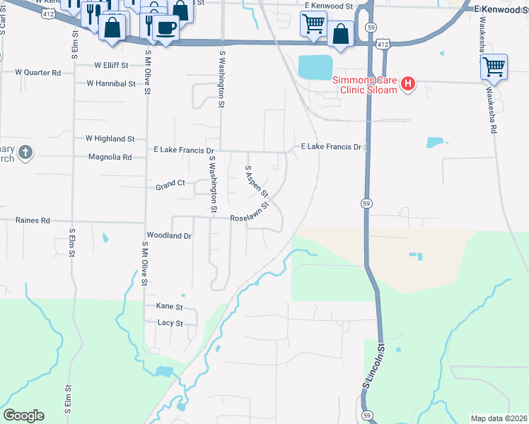 map of restaurants, bars, coffee shops, grocery stores, and more near 793 Silver Leaf Lane in Siloam Springs