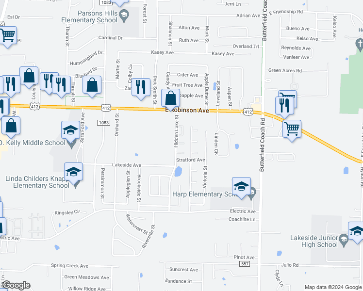 map of restaurants, bars, coffee shops, grocery stores, and more near 2261 Hidden Lake Street in Springdale