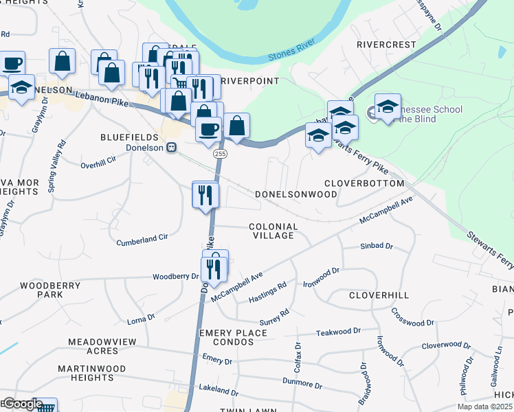 map of restaurants, bars, coffee shops, grocery stores, and more near 119 Donelson Pike in Nashville