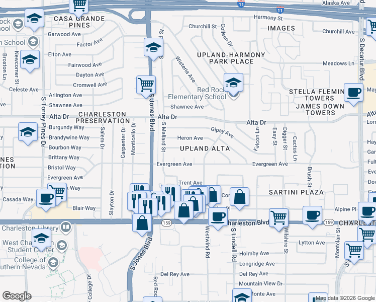 map of restaurants, bars, coffee shops, grocery stores, and more near 704 Pelican Circle in Las Vegas