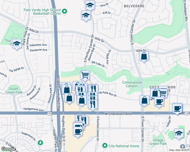 map of restaurants, bars, coffee shops, grocery stores, and more near 10730 Amber Ridge Drive in Las Vegas