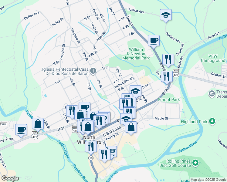 map of restaurants, bars, coffee shops, grocery stores, and more near 401 6th Street in North Wilkesboro