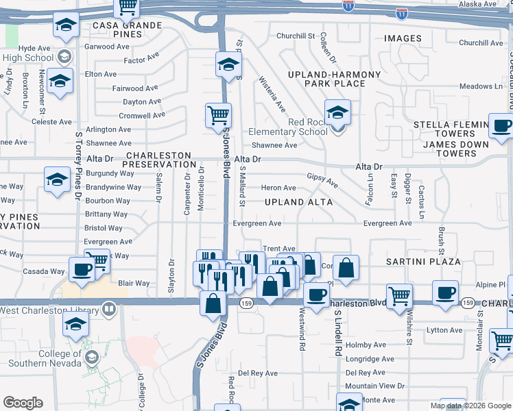 map of restaurants, bars, coffee shops, grocery stores, and more near 708 South Mallard Street in Las Vegas
