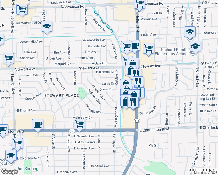 map of restaurants, bars, coffee shops, grocery stores, and more near 109 North Arlington Street in Las Vegas