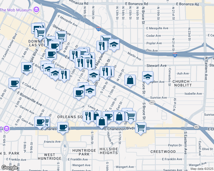 map of restaurants, bars, coffee shops, grocery stores, and more near 1400 Carson Avenue in Las Vegas