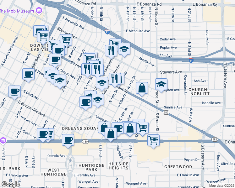 map of restaurants, bars, coffee shops, grocery stores, and more near 1400 Carson Avenue in Las Vegas