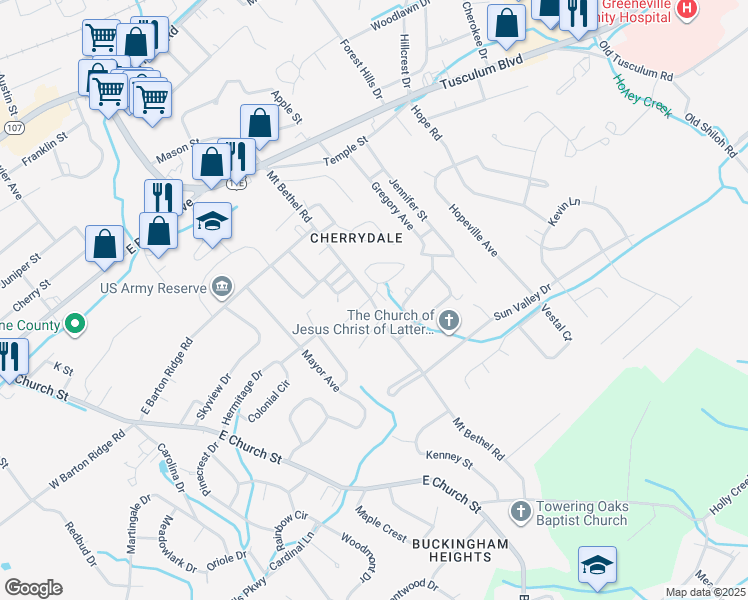 map of restaurants, bars, coffee shops, grocery stores, and more near 319 Mount Bethel Road in Greeneville