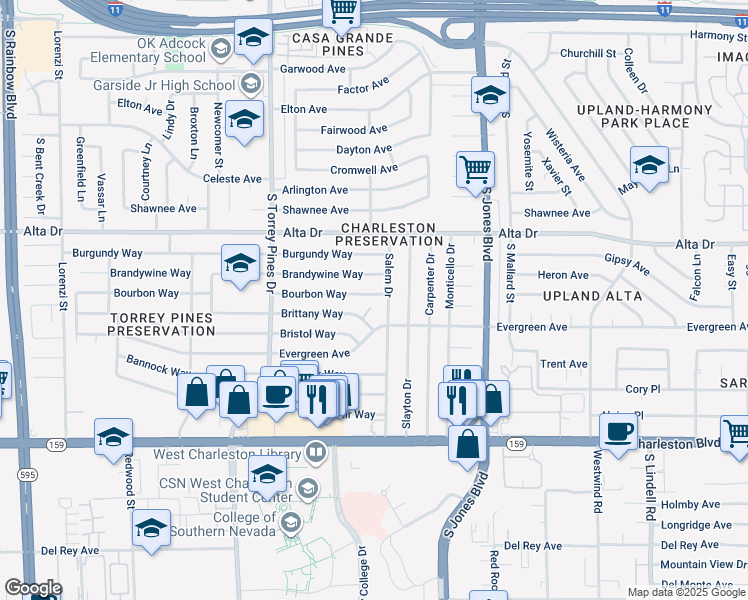 map of restaurants, bars, coffee shops, grocery stores, and more near 6209 Bourbon Way in Las Vegas