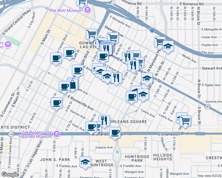 map of restaurants, bars, coffee shops, grocery stores, and more near 410 South 9th Street in Las Vegas