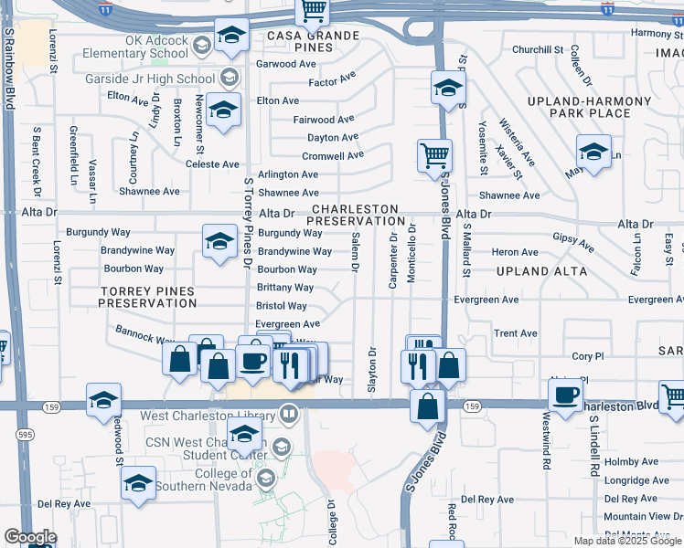 map of restaurants, bars, coffee shops, grocery stores, and more near 6209 Bourbon Way in Las Vegas