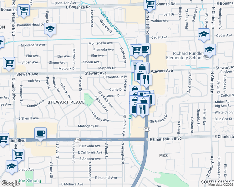 map of restaurants, bars, coffee shops, grocery stores, and more near 109 North Arlington Street in Las Vegas