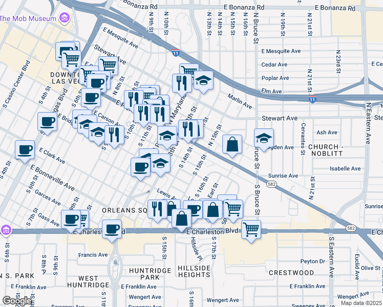 map of restaurants, bars, coffee shops, grocery stores, and more near 1400 Carson Avenue in Las Vegas
