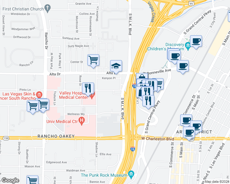 map of restaurants, bars, coffee shops, grocery stores, and more near 640 South Martin Luther King Boulevard in Las Vegas