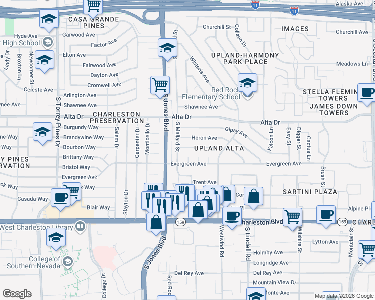 map of restaurants, bars, coffee shops, grocery stores, and more near 708 South Mallard Street in Las Vegas