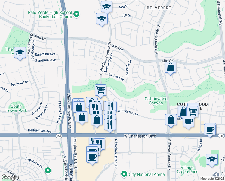 map of restaurants, bars, coffee shops, grocery stores, and more near 10730 Amber Ridge Drive in Las Vegas
