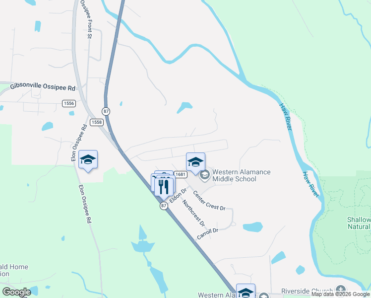 map of restaurants, bars, coffee shops, grocery stores, and more near Fosco Road in Elon