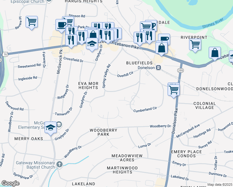 map of restaurants, bars, coffee shops, grocery stores, and more near 144 Spring Valley Road in Nashville