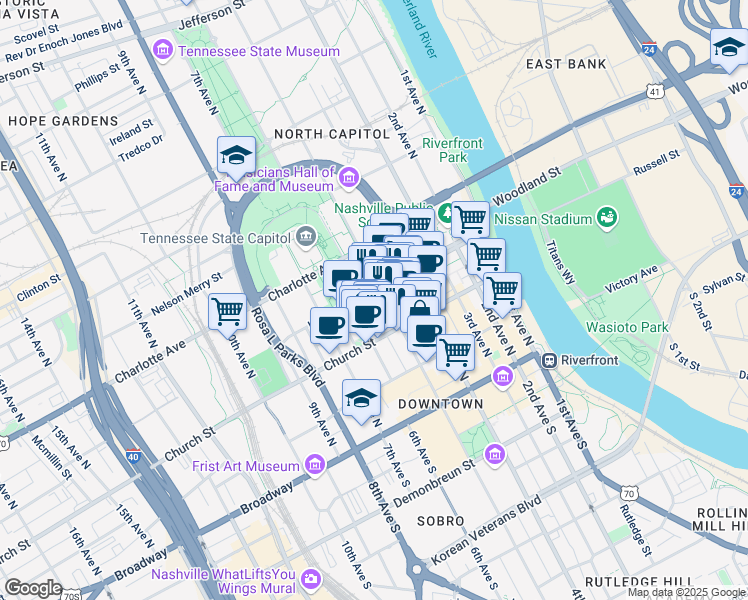 map of restaurants, bars, coffee shops, grocery stores, and more near 501 Church Street in Nashville