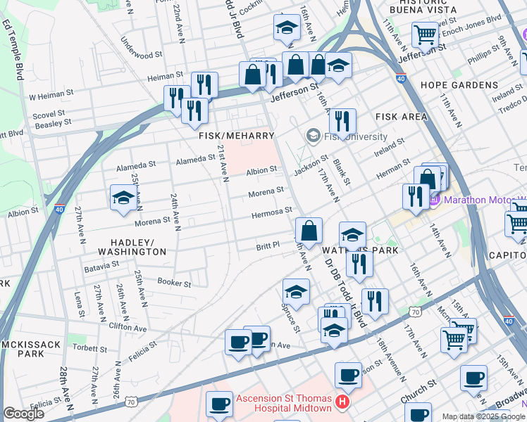 map of restaurants, bars, coffee shops, grocery stores, and more near 1823 Hermosa Street in Nashville