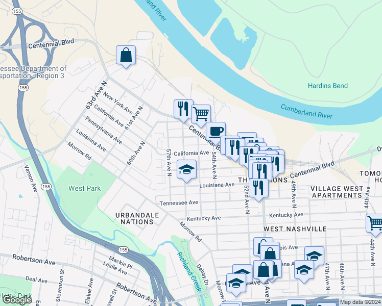 map of restaurants, bars, coffee shops, grocery stores, and more near 1402 55th Avenue North in Nashville