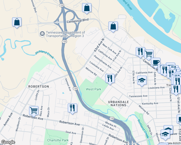 map of restaurants, bars, coffee shops, grocery stores, and more near 6119 Terry Drive in Nashville