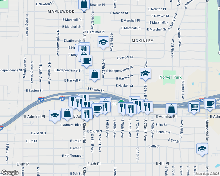 map of restaurants, bars, coffee shops, grocery stores, and more near 503 North 68th East Avenue in Tulsa