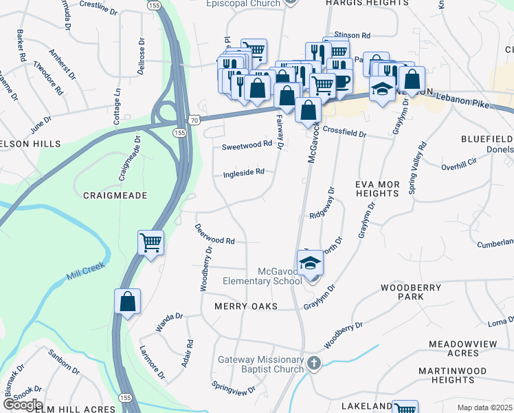 map of restaurants, bars, coffee shops, grocery stores, and more near 237 Fairway Drive in Nashville