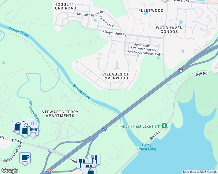 map of restaurants, bars, coffee shops, grocery stores, and more near 2700 River Vista Court in Nashville