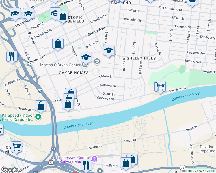 map of restaurants, bars, coffee shops, grocery stores, and more near 1000 South 11th Street in Nashville