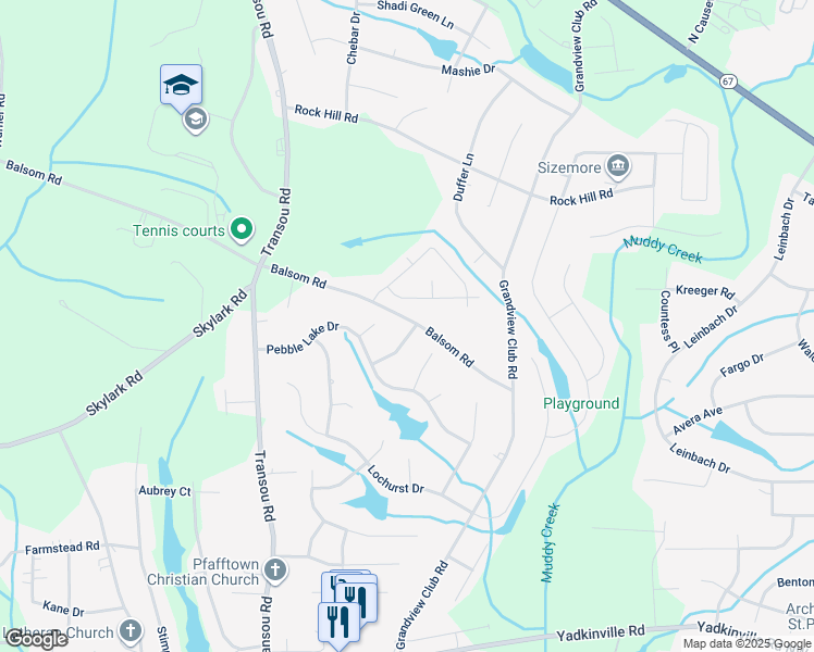 map of restaurants, bars, coffee shops, grocery stores, and more near 3645 Glennmoor Drive in Pfafftown