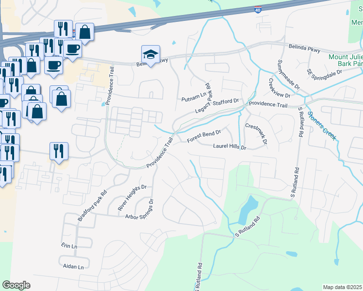 map of restaurants, bars, coffee shops, grocery stores, and more near 105 Baird Farms Boulevard in Mt. Juliet