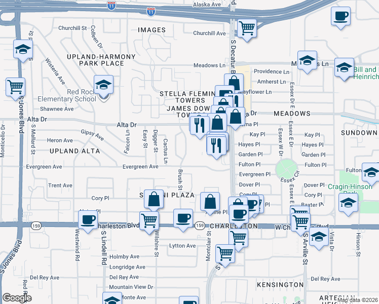 map of restaurants, bars, coffee shops, grocery stores, and more near 700 Brush Street in Las Vegas