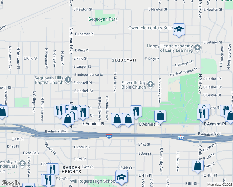 map of restaurants, bars, coffee shops, grocery stores, and more near 143 North Marion Avenue in Tulsa