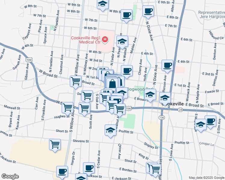 map of restaurants, bars, coffee shops, grocery stores, and more near 43 West Broad Street in Cookeville