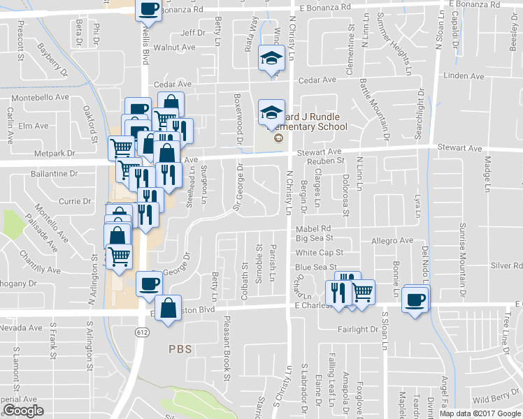 map of restaurants, bars, coffee shops, grocery stores, and more near 253 Sir Phillip Street in Las Vegas