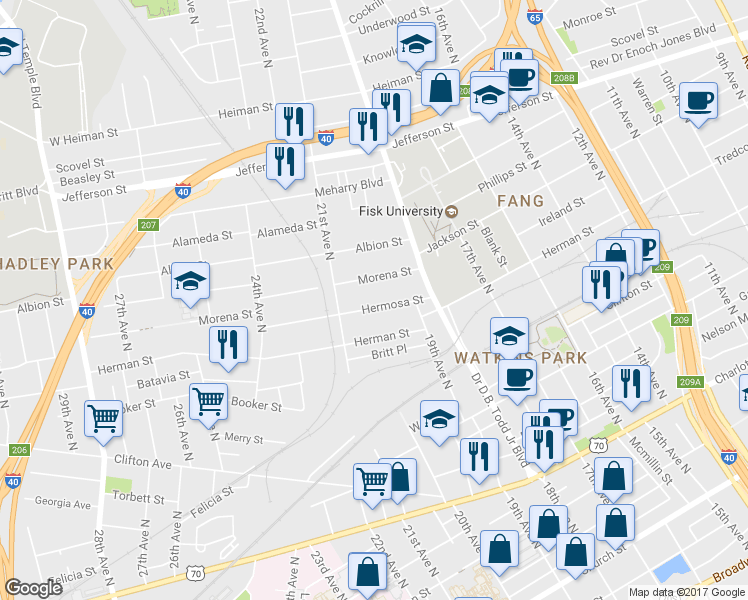 map of restaurants, bars, coffee shops, grocery stores, and more near 1900 Hermosa Street in Nashville